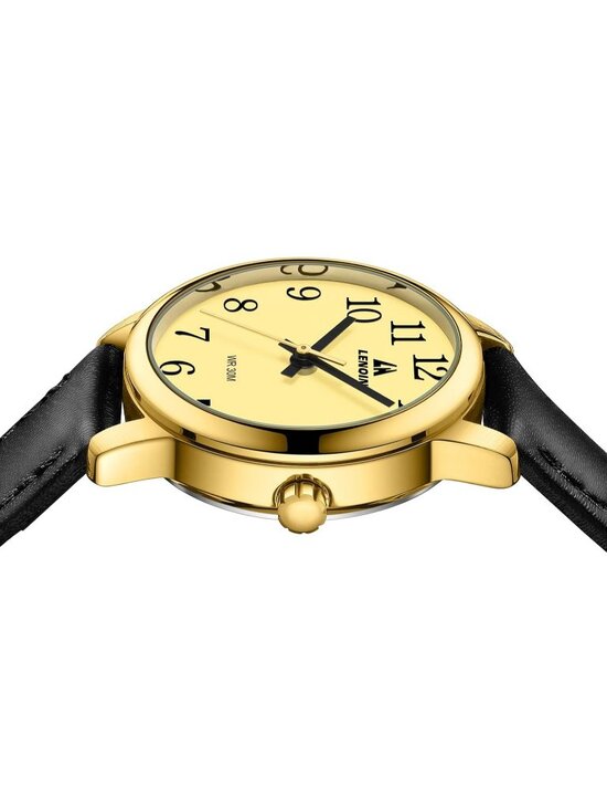 Women\'s Gold Black Leather Strap Analog Quartz Luminous Dial Waterproof Watch